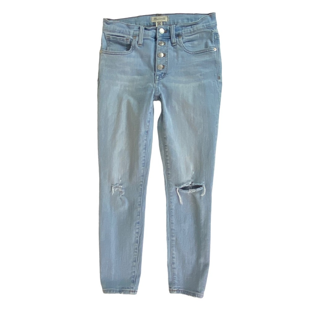 Madewell Jeans Womens Size 27 9” High Rise Skinny Exposed Button Fly Ripped Knee